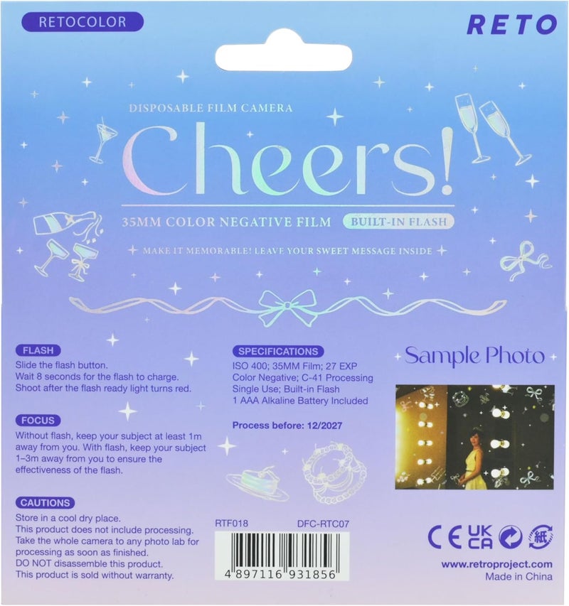 Retocolor Cheers 35mm Disposable Film Camera 27EXP, ISO400, Color Negative Film, Focus Free, Easy to Use, Built in Flash, Single Use (Film and Battery Included) (Cheers) - Image 2